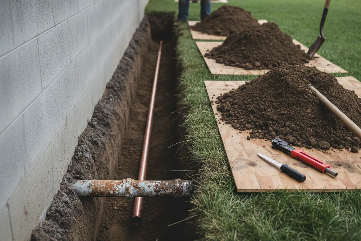 Excavated water line trench during Water Softener Installation in Saint David